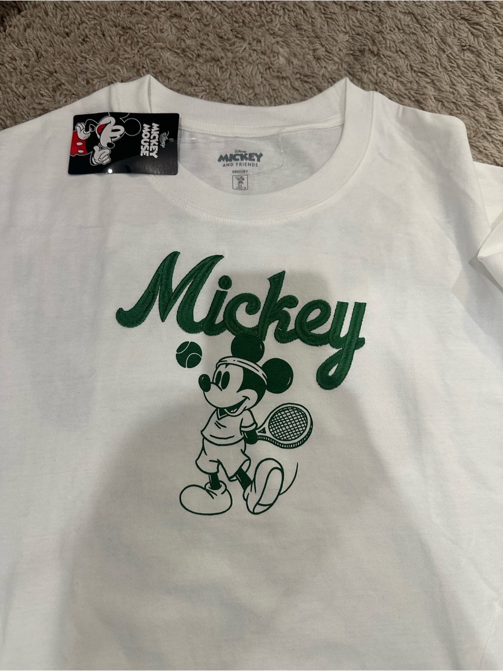 Disney White Tee with Green Mickey Tennis Club Graphic